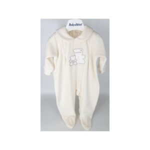 Ivory white velvet long-sleeved baby jumpsuit with teddy bear embroidery, Andy&Helen