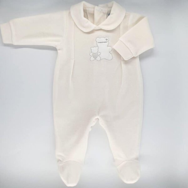 Ivory white velvet long-sleeved baby jumpsuit with teddy bear embroidery, Andy&Helen