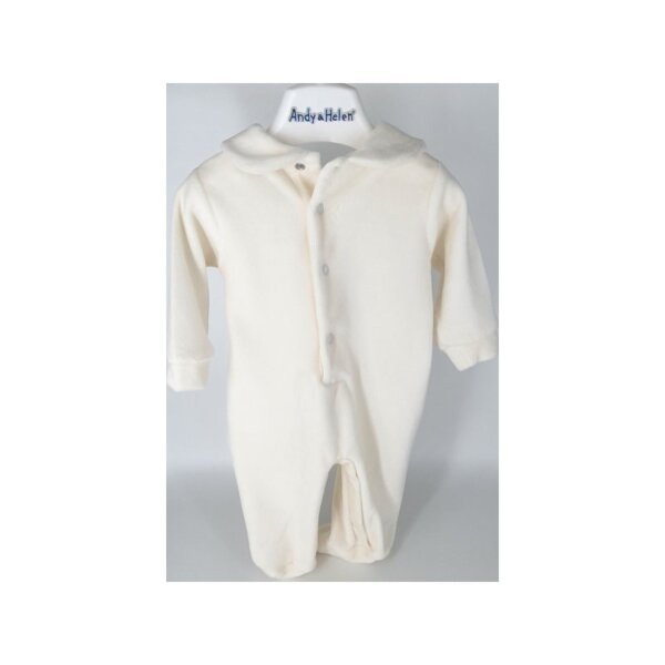 Ivory white velvet long-sleeved baby jumpsuit with teddy bear embroidery, Andy&Helen