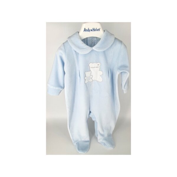 Blue velvet long-sleeved baby jumpsuit with teddy bear embroidery, Andy&Helen