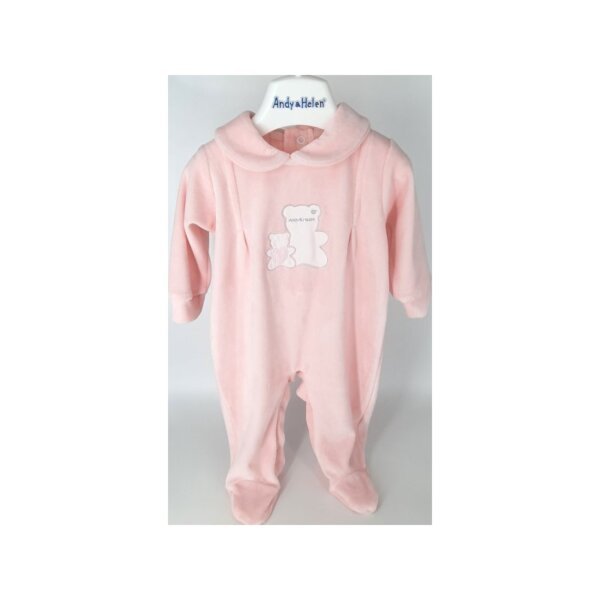 Pink velvet long sleeve baby jumpsuit with teddy bear embroidery, Andy&Helen
