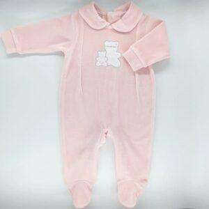 Pink velvet long sleeve baby jumpsuit with teddy bear embroidery, Andy&Helen