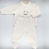 Ivory white velvet long-sleeved baby suit with teddy bear embroidery, Andy&Helen