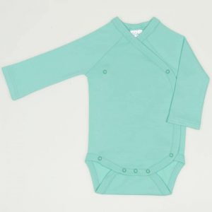 Turquoise green cotton bodysuit with side staples for babies or newborns, with long sleeves