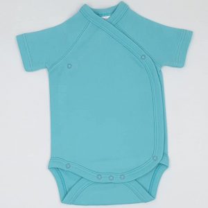 Turquoise blue cotton bodysuit with side staples for babies or newborns with short sleeves