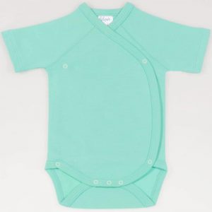 Turquoise green cotton bodysuit with side staples for babies or newborns, with short sleeves
