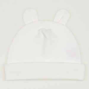 Baby or newborn cotton baby bonnet with teddy bear ears, milk white