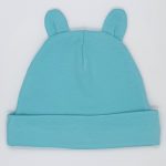 Baby or newborn cotton hat with teddy bear ears in turquoise blue