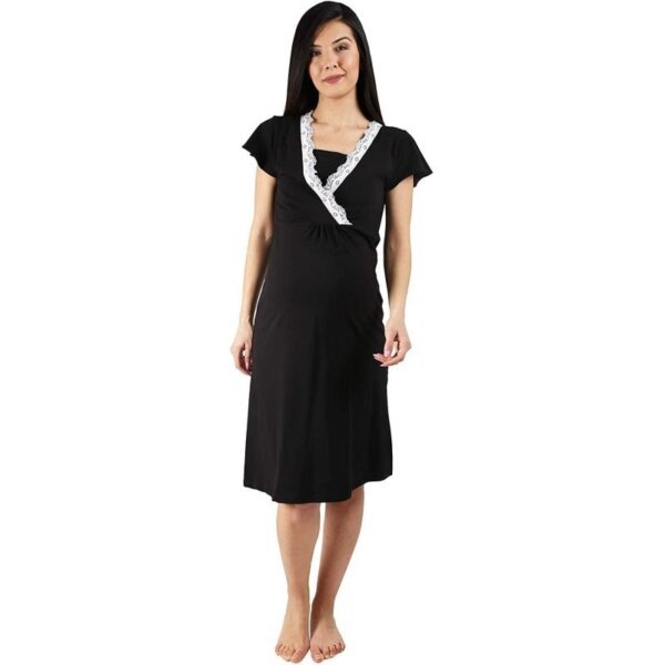Pregnancy and breastfeeding nightgown, cotton, short sleeve, black