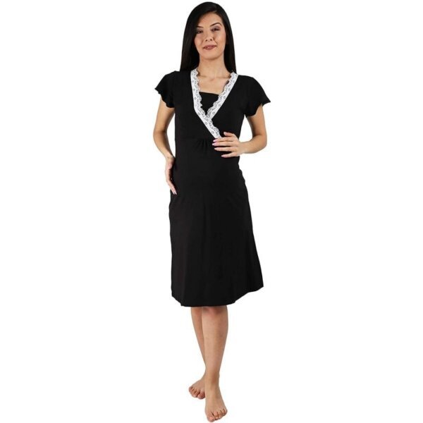 Pregnancy and breastfeeding nightgown, cotton, short sleeve, black