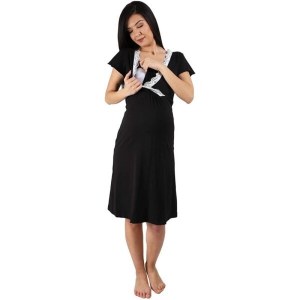 Pregnancy and breastfeeding nightgown, cotton, short sleeve, black