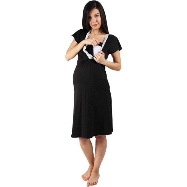 Pregnancy and breastfeeding nightgown, cotton, short sleeve, black