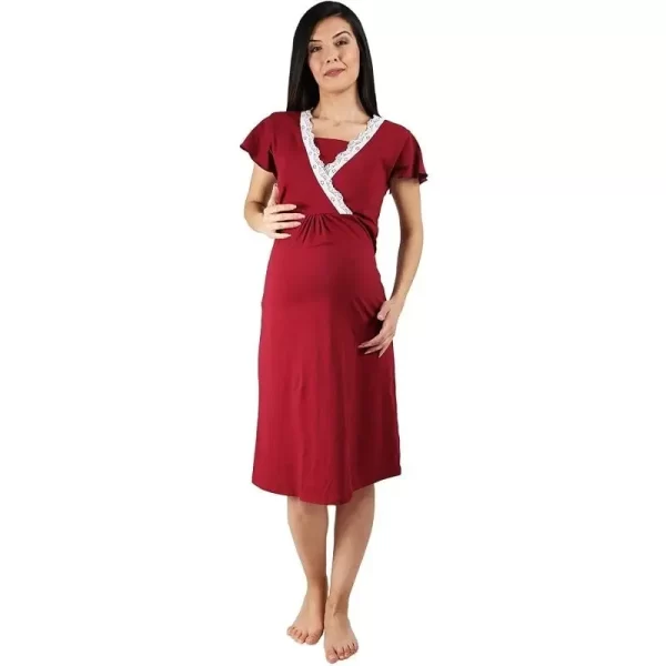 Camasa noapte gravide pentru sarcina si alaptare maneca scurta rosu bordeaux