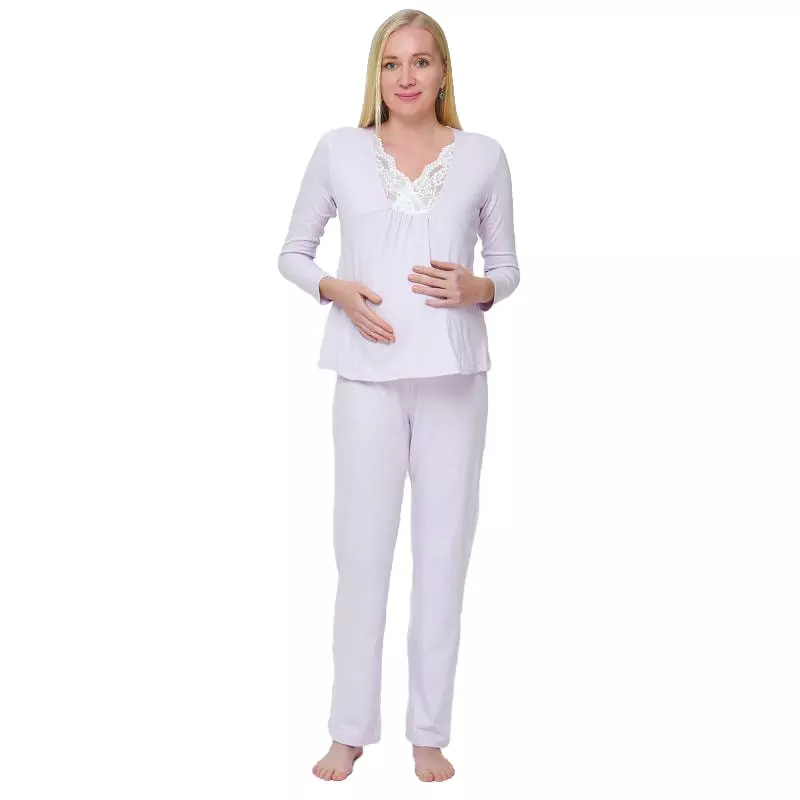 Pregnant pajamas for pregnancy and breastfeeding, cotton, long sleeves, light lilac color