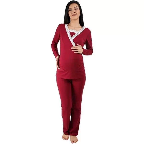 Pregnancy and nursing pyjamas with long sleeves, burgundy red