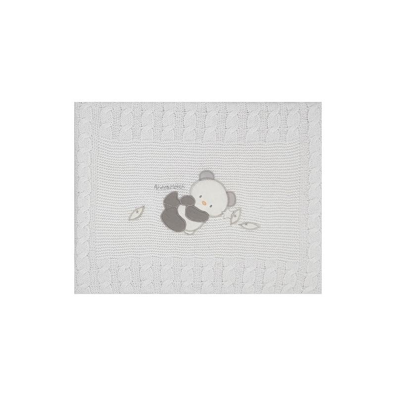 White knitted cotton baby blanket with panda embroidery, 75x90cm, Andy&Helen
