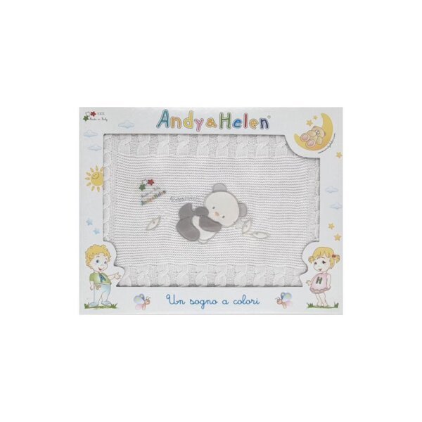 White knitted cotton baby blanket with panda embroidery, 75x90cm, Andy&Helen