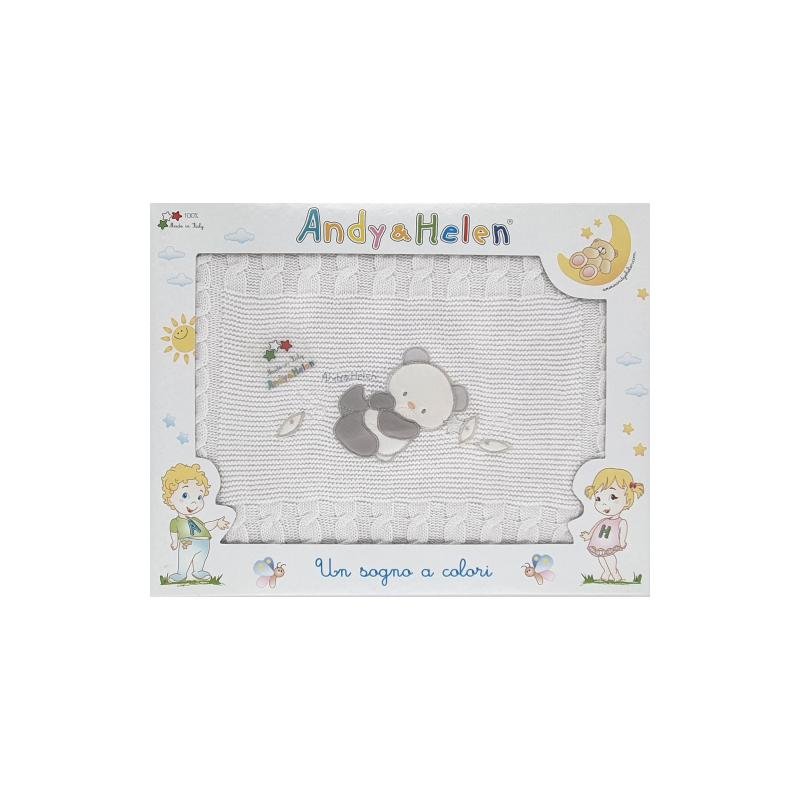 White knitted cotton baby blanket with panda embroidery, 75x90cm, Andy&Helen