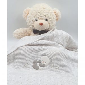 Baby blanket, knitted, cotton, white, with panda embroidery, 75x90cm, Andy&Helen
