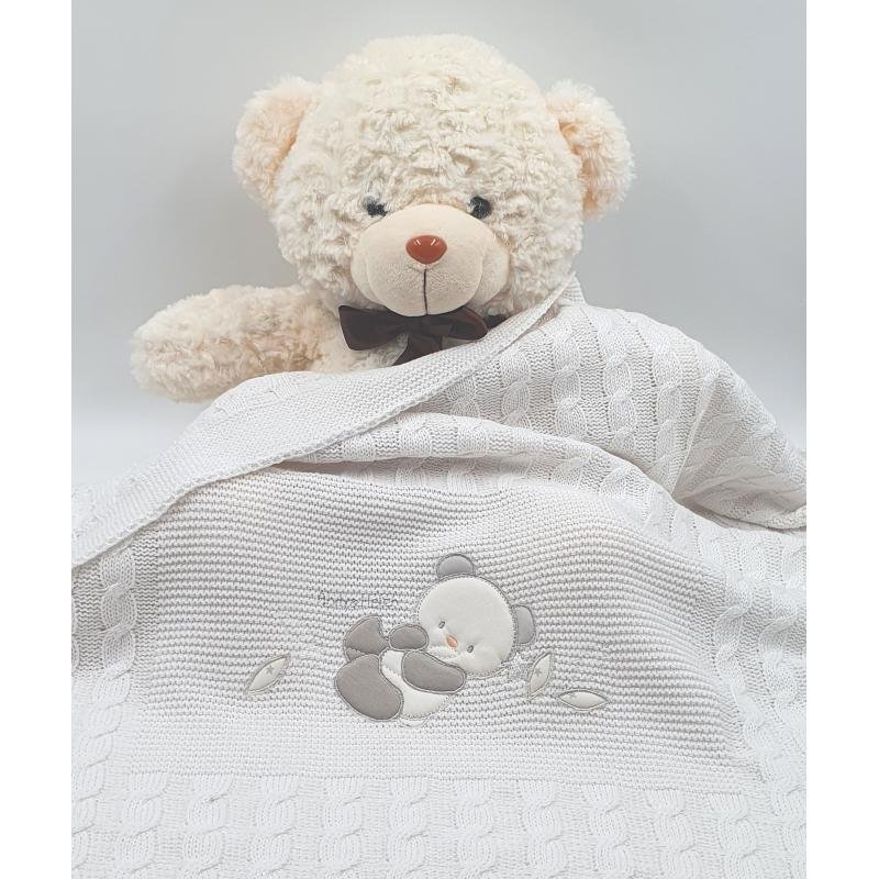 White knitted cotton baby blanket with panda embroidery, 75x90cm, Andy&Helen