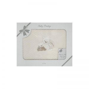 Ivory white cotton baby blanket with diamonds, teddy bear embroidery and beige border, 70x80cm, Andy&Helen