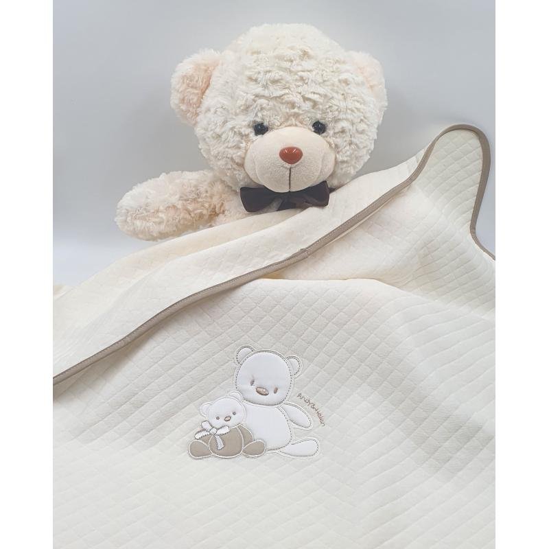 Baby blanket, cotton, with diamonds, ivory white, with teddy bear embroidery, 70x80cm, Andy&Helen