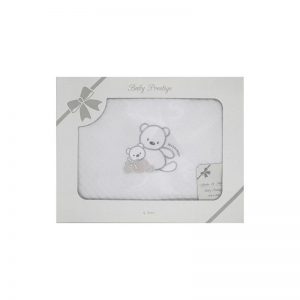 Newborn baby blanket, cotton, diamond, white, with teddy bear embroidery and grey border, 70x80cm, Andy&Helen