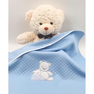 Baby blanket, cotton, diamond, blue, with teddy bear embroidery and white border, 70x80cm, Andy&Helen