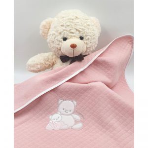 Baby blanket, cotton, pink with diamonds, teddy bear embroidery and white border, 70x80cm, Andy&Helen
