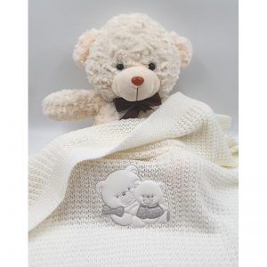 Baby blanket, knitted, wool, milk white, with teddy bear embroidery, 75x90cm, Andy&Helen