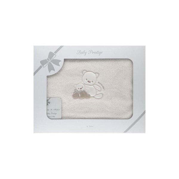 Baby blanket, fluffy, ivory white, with teddy bear embroidery and beige border, 70x80cm, box, Andy&Helen