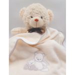 Paturica pentru bebelusi, pufoasa, de culoare alb ivoire, cu broderie ursulet si bordura gri, 70x80cm, Andy&Helen