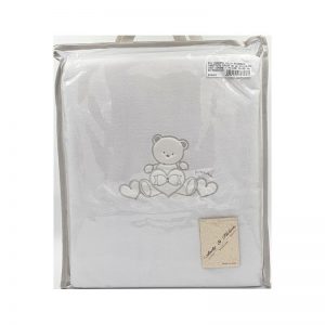 White plush (velvet) baby blanket with teddy bear embroidery, 70x80cm, Andy&Helen