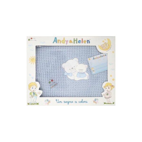 Newborn baby blanket, knitted, wool, light blue, with teddy bear embroidery, 75x90cm, Andy&Helen