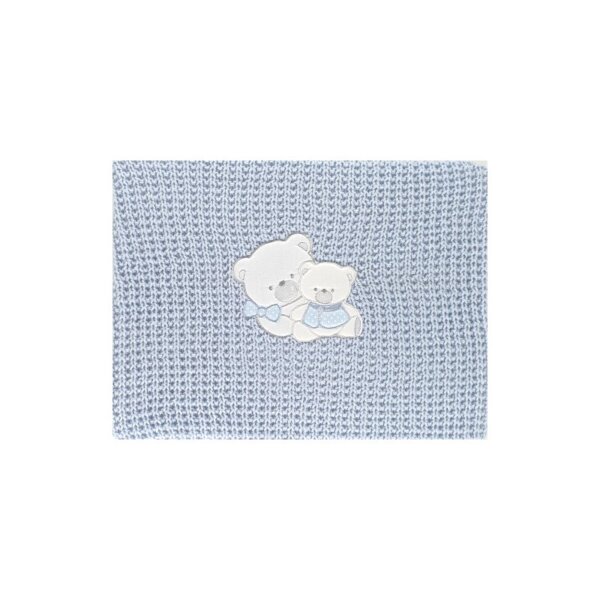 Newborn baby blanket, knitted, wool, light blue, with teddy bear embroidery, 75x90cm, Andy&Helen