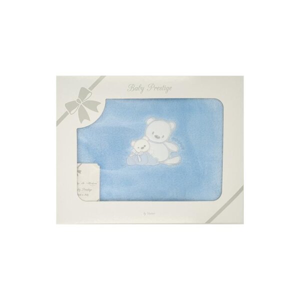 Baby blanket, fluffy, blue, with teddy bear embroidery and white border, 70x80cm, Andy&Helen