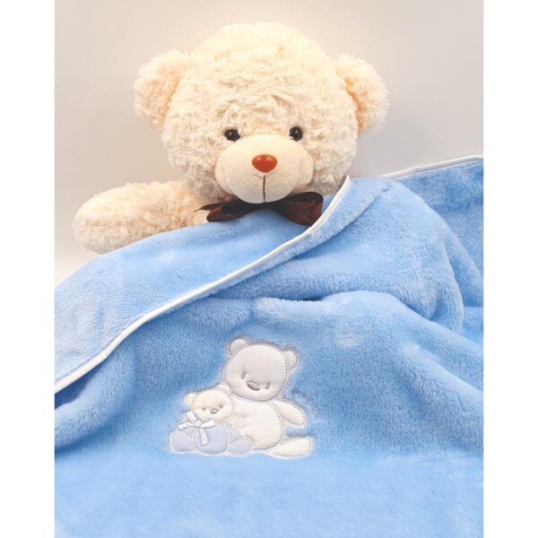 Baby blanket, fluffy, blue, with teddy bear embroidery and white border, 70x80cm, Andy&Helen