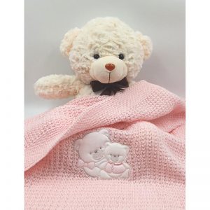 Baby blanket, knitted, wool, pink, with teddy bear embroidery, 75x90cm, Andy&Helen