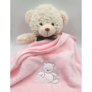 Pink fluffy baby blanket with teddy bear embroidery and white border, 70x80cm, Andy&Helen