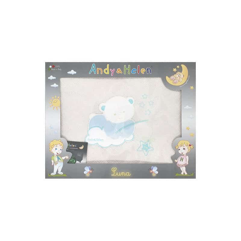 Moon baby blanket with embroidery blue teddy bear, white, 70x80cm, Andy&Helen