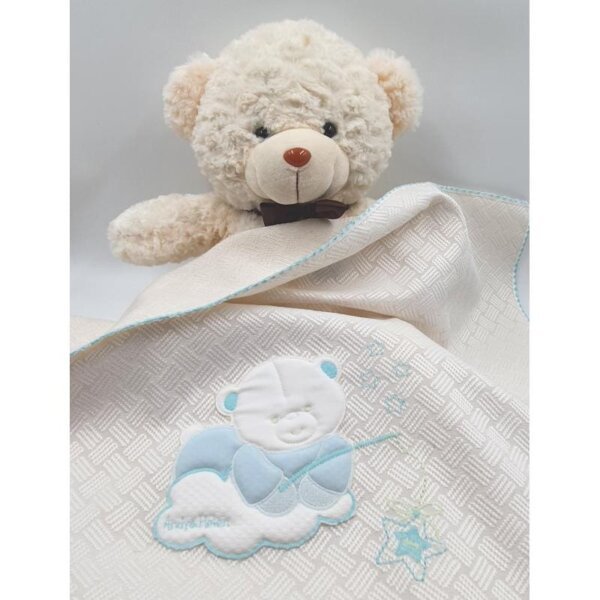 Moon baby blanket with embroidery blue teddy bear, white, 70x80cm, Andy&Helen
