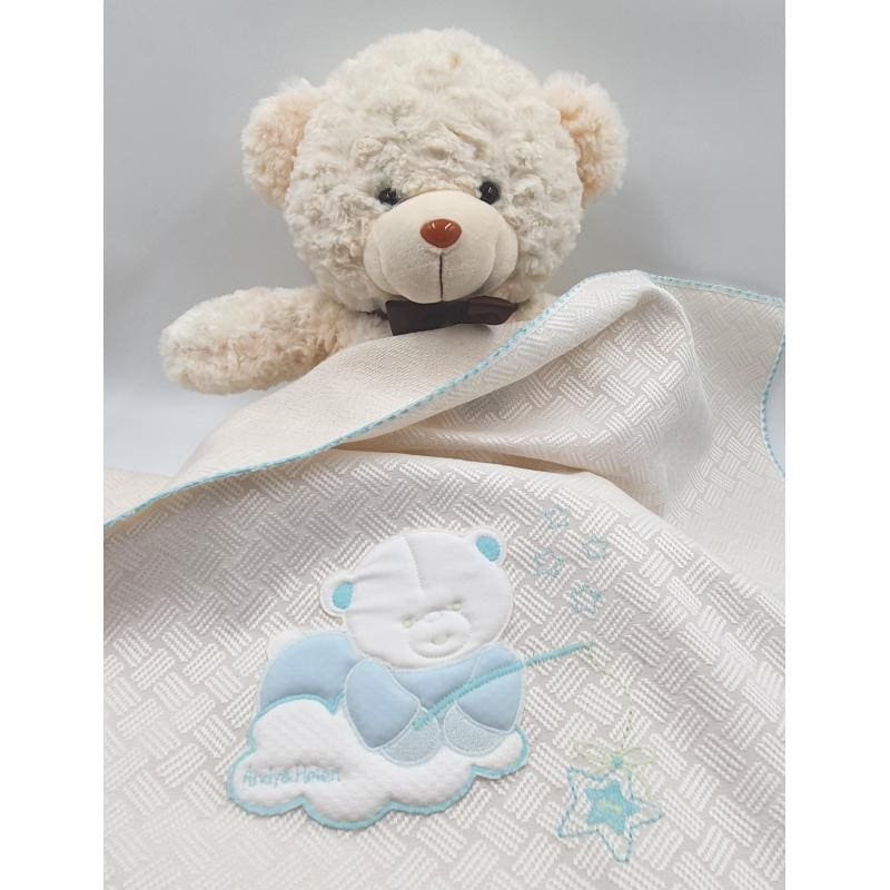 Moon baby blanket with embroidery blue teddy bear, white, 70x80cm, Andy&Helen