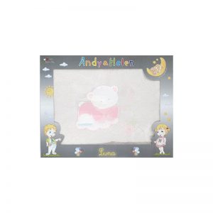 Blanket for babies, white, with pink teddy bear phosphorescent embroidery, 70x80cm, Andy&Helen