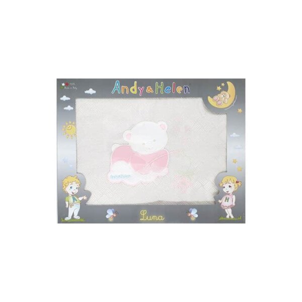 Moon blanket for babies with pink teddy bear embroidery, white, 70x80cm, Andy&Helen
