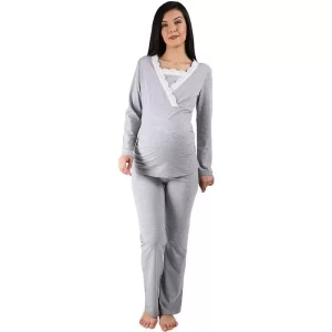 Maternity pyjamas for pregnancy and breastfeeding, cotton, long sleeve, grey colour