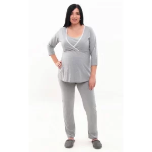 Pregnancy and nursing pyjamas, cotton, long sleeve, grey color