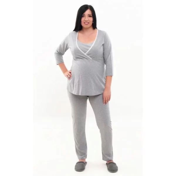 Cotton nursing pyjamas for pregnancy and breastfeeding with long sleeves in gray RD