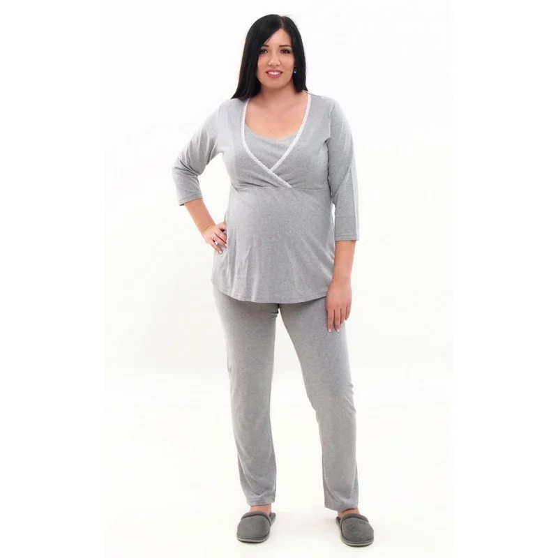 Cotton nursing pyjamas for pregnancy and breastfeeding with long sleeves in gray RD
