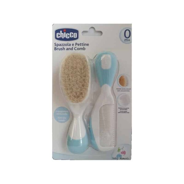 Hair brush with natural bristles and comb, blue, Chicco