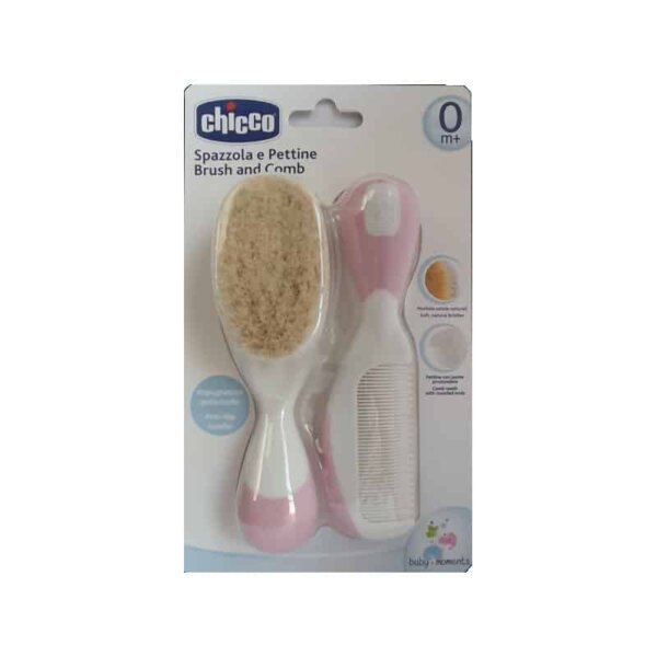 Hair brush with natural bristles and comb, pink, Chicco
